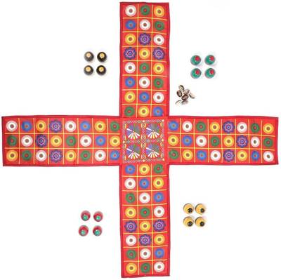 URBANE CHIC Indian Game Chausar Chopad Chawpar Pashici Ludo - 12 Wooden Tokens, 7 Kawdi/Pasa Party & Fun Games Board Game