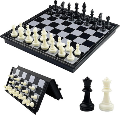 hirva creation Magnetic Folding Chess Set with Travel Case – Portable Game for 2 Players 4 cm Chess Board(Black, White)