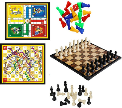Spocco Wooden Ludo Game Snakes Ladders & Chess Board (16x16 Inch)WC6 Party & Fun Board Game