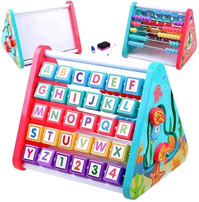 MANAKI ENTERPRISE 5 In 1 Activity Triangle Center Cube Alphabet Blocks Abacus Clock Writing Board Word Games