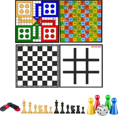 APEX MEDIA AND MARKETING INDIA 4‑in‑1 Board Game| Ludo, Snakes & Ladders, Chess & Tic‑Tac‑Toe Party & Fun Board Game