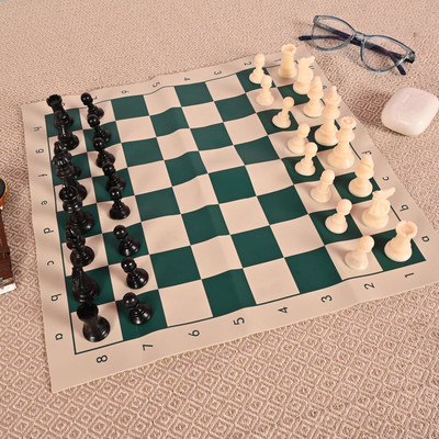 MOVEX Morex 13.5 X 13.5 Inch Chess Vinyl Board Foldable Mat with Plastic Chess Pieces Educational Board Games