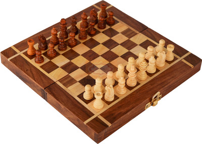 Shriji Crafts Folding Wooden Chess Game Handmade Small Chess Pieces 8 Inches (Non-Magnetic) 3 cm Chess Board(Multicolor)