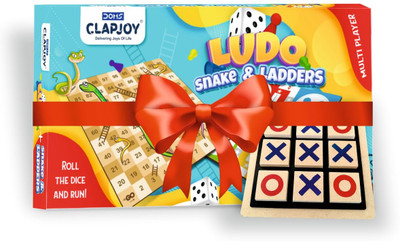 Clapjoy Ludo & Snakes and Ladders with Wooden Tic Tac Toe | 3 in 1 Fun Board Game Party & Fun Board Game