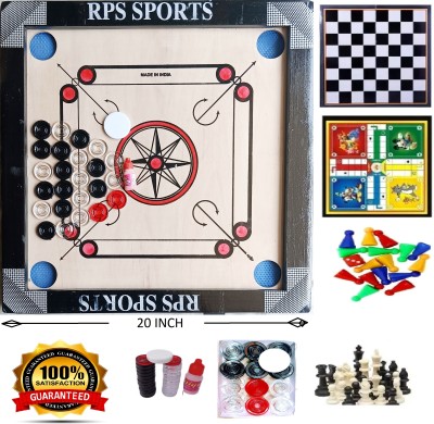 RPS CRROM BOARD 20X20 INCH CHESS LUDO, CRYSTAL COIN, STRAIKER & POWDER 51 cm Carrom Board(Beige)