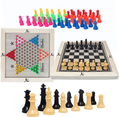Koel 2 in 1 Wooden Chinese Checker and Chess Board with Plastic Tokens & Chessmen 32 cm Chess Board(Multicolor)