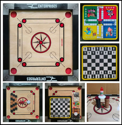 r c enterprises CARROM BOARD 20 Inch with Ludo&Chess, 24Pcs. Wooden Coins, Powder, Striker 50 cm Carrom Board(Black)