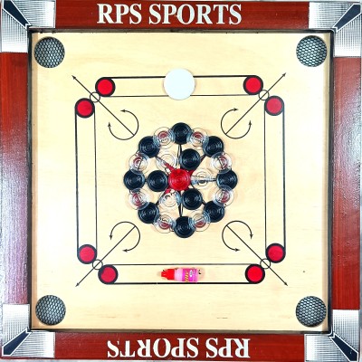 RPS sports 20X20 inches wooden carrom board Red with crystal coins, striker and powder 4 cm Carrom Board(Red)