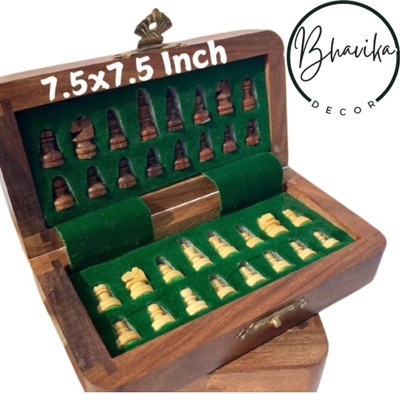 BHAVIKADECOR Wooden Foldable Chess Board With Chess Pieces| 7.5x7.5 Inch 19 cm Chess Board(Brown)