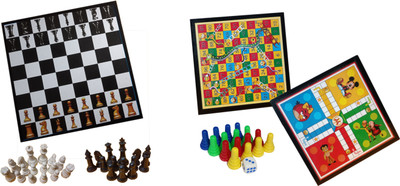 HHS SPORTS Wooden Chess Board, Ludo & Snake Board With 2 Set Ludo & 1 Chessmen coins Set C 30.48 cm Chess Board(Multicolor)