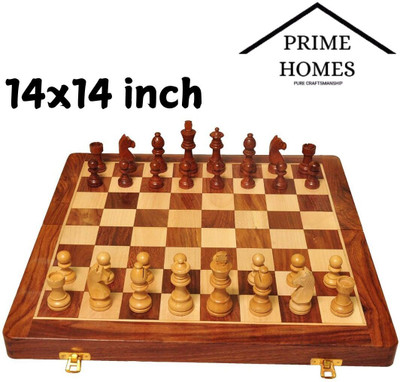 PRIME HOMES Wooden Foldable Chess Board With Chess Pieces| 14x14 Inch 35.56 cm Chess Board(Brown)