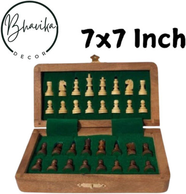 BHAVIKADECOR Wooden Foldable Chess Board With Chess Pieces| 7x7 Inch 17.78 cm Chess Board(Brown)