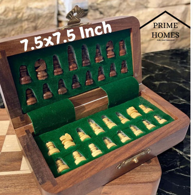 PRIME HOMES Wooden Foldable Chess Board With Chess Pieces| 7.5x7.5 Inch 19 cm Chess Board(Brown)