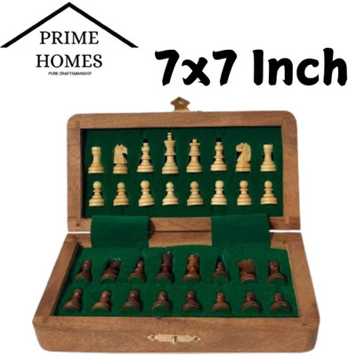 PRIME HOMES Wooden Foldable Chess Board With Chess Pieces| 7x7 Inch 17.78 cm Chess Board(Brown)