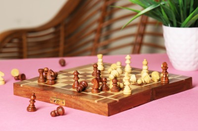 KESARAM Classic Handcrafted Wooden Foldable Chess Board|| With 32 Chess Pieces , 4 cm Chess Board(Brown, Beige)