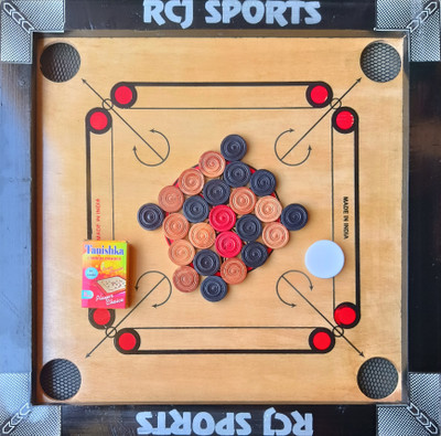 RCJ CARROM BOARD 20 INCH, 24 PCS. WOODEN COIN, POWDER & STRICKER 50 cm Carrom Board(Black)