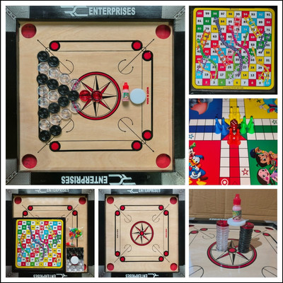 r c enterprises CARROM BOARD with Ludo & Snake n Ladder, 24Pcs. Crystal Coins, Powder, Striker 50 cm Carrom Board(Beige, Black)