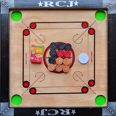 RCJ CARROM BOARD 20X20,24 PCS.WOODEN COIN,POWDER,STRICKER 50 cm Carrom Board(Black)