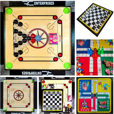 r c enterprises Carrom Board 20 Inch With Ludo&Chess with Crystal Coins, Powder, printed Striker 50 cm Carrom Board(Black, Beige)
