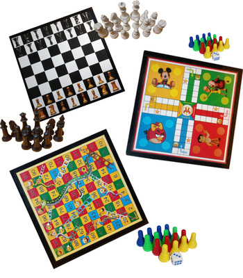 HHS SPORTS Wooden Chess Board, Ludo & Snake Board With 2 Set of Ludo & 1 Chessmen coins Set 30.48 cm Chess Board(Multicolor)