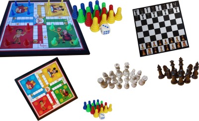 HHS SPORTS Wooden Chess Board, Ludo & Snake Board With 2 Set Ludo & 1 Chessmen coins Set A 30.48 cm Chess Board(Multicolor)