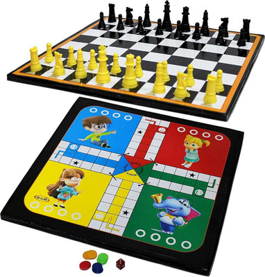 GOLS Wood Ludo & Chess 2 in 1 Board Game with coins set gift pack 6 cm Dart Board(Multicolor)