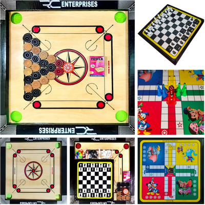 r c enterprises Carrom Board 20 Inch With Ludo, Chess with Wooden Coins, Powder, printed Striker 50 cm Carrom Board(Black)