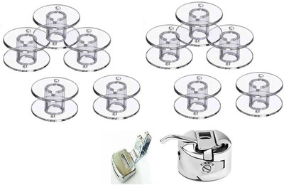 ZENITH Combo of Gathering Pressure Foot +10 Plastic Bobbins+Bobbin case Compatible with Domestic Automatic Front Loading Electric Sewing Machines Compatible with Usha Janome,Singer Plastic, Metal Bobbins(Pack of 10, Domestic)