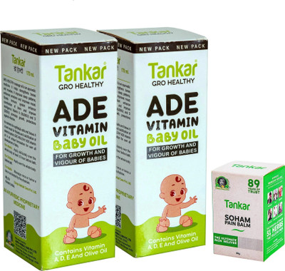 Tankar AD Vitamin Baby Oil, 170ML, Pack Of 2 & Soham Pain Balm, 25GR Liquid(3 x 121.67 ml)
