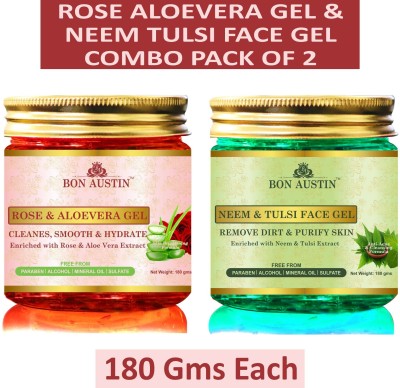 Bon Austin Rose Aloe Vera Gel & Neem Tulsi Face Gel Combo Pack of 2 Jars of 180 gms(360 gms)(360 g)