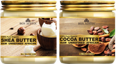 Bon Austin Pure and Natural Shea Butter & Cocoa Butter - RAW, UNREFINED & AFRICAN- For Moisturization of Body and Skin of Body and Skin Combo Pack 2 Jars of 100 gms(200 gms)(200 ml)