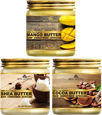 Bon Austin Pure and Natural Shea Butter, Cocoa Butter & Mango Butter - RAW, UNREFINED & AFRICAN- For Moisturization of Body and Skin Combo Pack 3 Jars of 100 gms(300 gms)(300 ml)