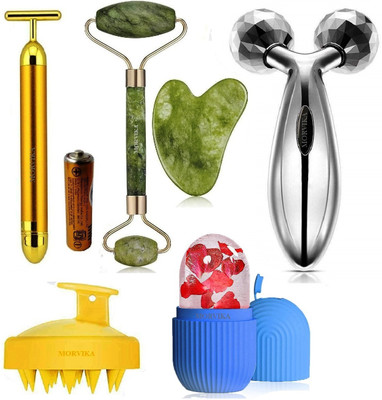 MORVIKA Jade roller & Gausha,T Gold massager,3D massager, ice Roller,Head sclap Brush(100 g)