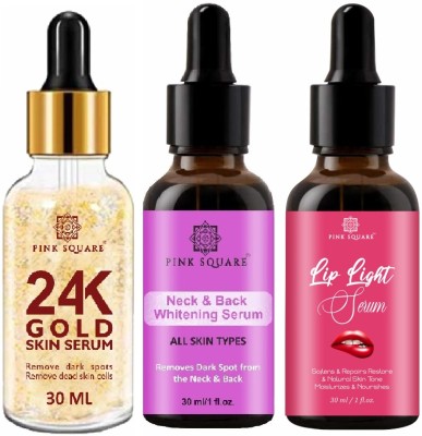 Pink Square 24K Gold Face, Neck and Back Whitening & Lip Light Serum (Each,30ml) Combo of 3(90 ml)