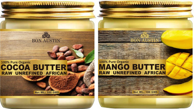 Bon Austin Pure and Natural Cocoa Butter & Mango Butter - RAW, UNREFINED & AFRICAN- For Moisturization of Body and Skin of Body and Skin Combo Pack 2 Jars of 100 gms(200 gms)(200 ml)