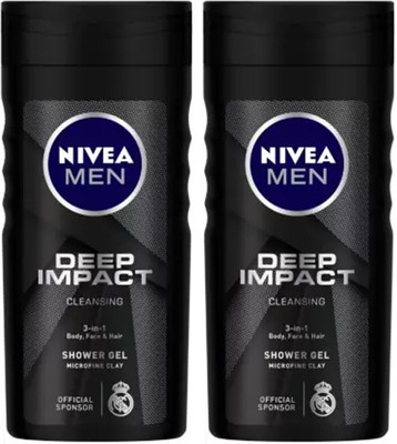 Nivea Men Deep Impact, Combo Body Wash for Body, Face & Hair, with Microfine Clay for Men(2 x 250 ml)
