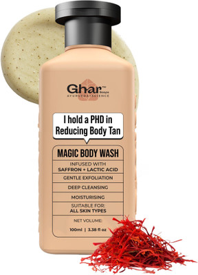 GHAR SOAPS Magic De-Tan Body Wash | Saffron, Lactic Acid & Niacinamide | Exfoliate & Glow(100 ml)