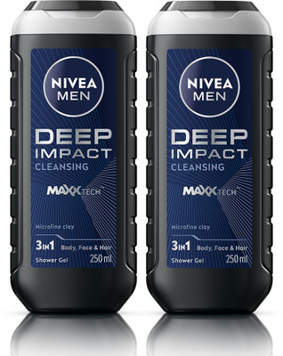 Nivea Men Deep Impact, Combo Body Wash for Body, Face & Hair, with Microfine Clay for Men(2 x 250 ml)
