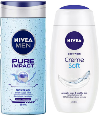 NIVEA Pure Impact Men Shower Gel 250ml & Creme Soft Women Shower Gel 250ml(2 x 250 ml)
