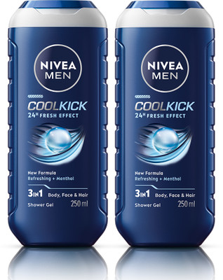 NIVEA Body Wash, Cool Kick for Freshness, For Face, Hair & Body Cleanser for Men(2 x 250 ml)