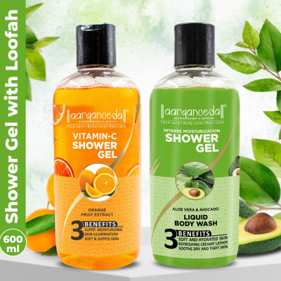 Aaryanveda Vitamin-C Shower Gel Body Wash & Aloe Vera Shower Gel & Loofah Gift Set Combo(2 x 300 ml)