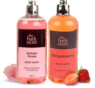 The Bath Store Body Wash Shower Gel ( Strawberry + British Rose ) For All Skin - Men & Women(2 x 300 ml)