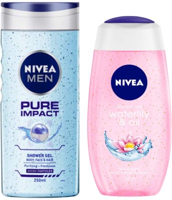 NIVEA Pure Impact Men Shower Gel 250ml & Waterlily & Oil Women Shower Gel 250ml(2 x 250 ml)