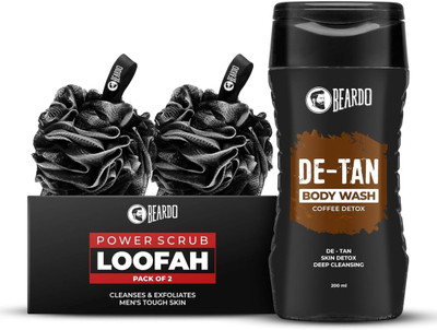 BEARDO De-Tan Body Wash for Men & 2 Power Scrub Loofah - Exfoliating & Tan Removal(200 ml)