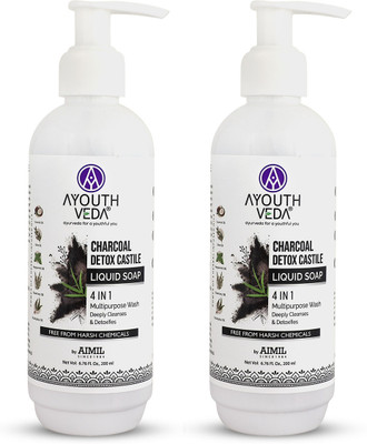 Ayouthveda Charcoal Detox Castile Liquid Soap 4 in 1 | Multipurpose Wash for Face & Body(2 x 200 ml)
