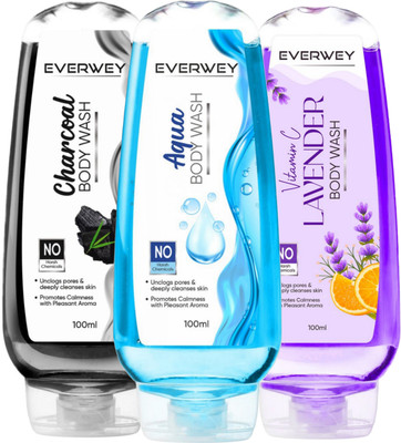 Everwey Daily Refreshing Charcoal, Aqua & Lavender Body Wash Pack Of 3(3 x 100 ml)