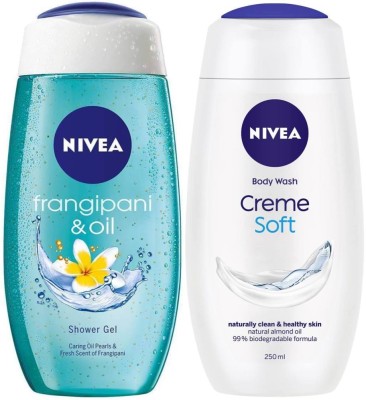 NIVEA Frangipani & Oil 250ml 1 pcs & Creme Soft 250ml 1pcs Shower Gel(2 x 250 ml)