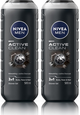 NIVEA Active Clean Body Wash Combo for Body, Face & Hair, Active Charcoal Cleanser(2 x 500 ml)