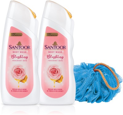 Santoor Blushing Skin Body Wash, Indian Rose & Himalayan Honey, Shower Gelwith Loofah(2 x 230 ml)