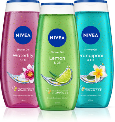 NIVEA Body Wash Combo with Water Lily, Lemon, Frangipani | Refreshing Scent of Flowers(3 x 250 ml)